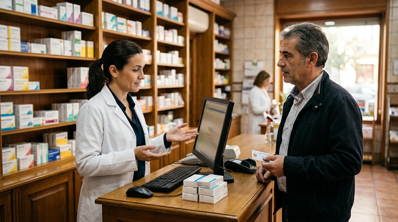 Farmacéutica explicando en el mostrador que el medicamento no está en stock y que lo encarga