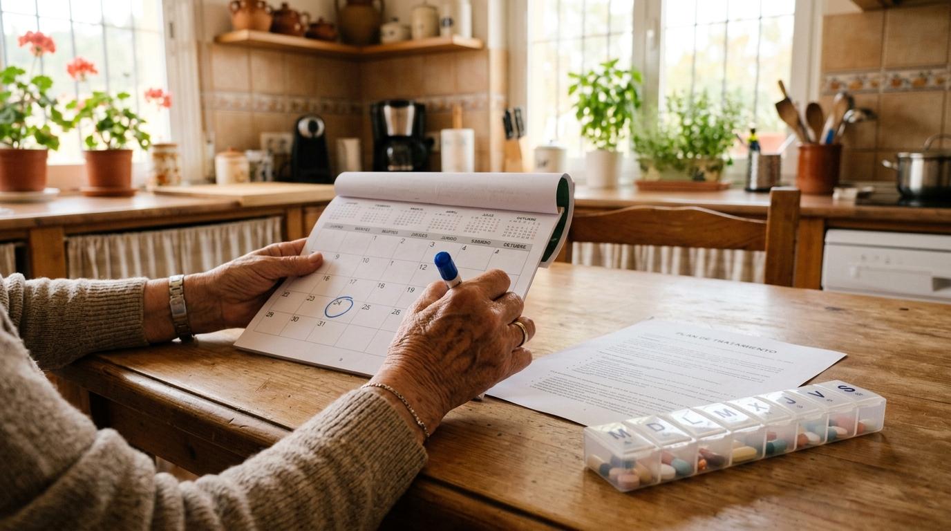Plan de medicación impreso junto a un calendario con las fechas de renovación marcadas