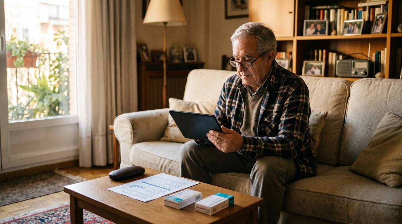 Persona consultando su plan de medicación de CatSalut en una tablet en casa