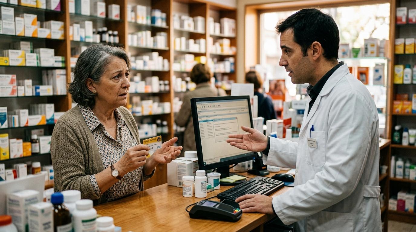 Paciente en el mostrador de la farmacia al descubrir que su receta electrónica ha caducado