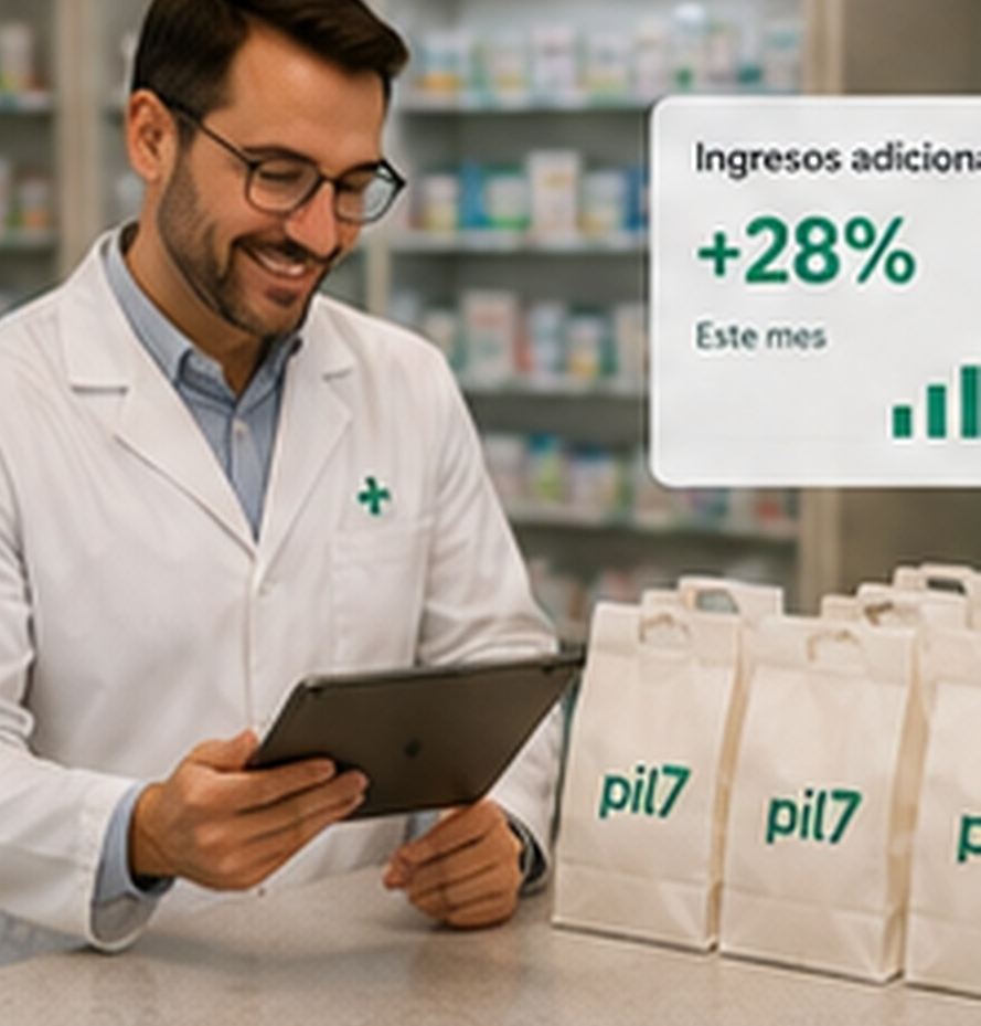 Farmacéutico usando una tablet con indicador de más ingresos y bolsas preparadas.