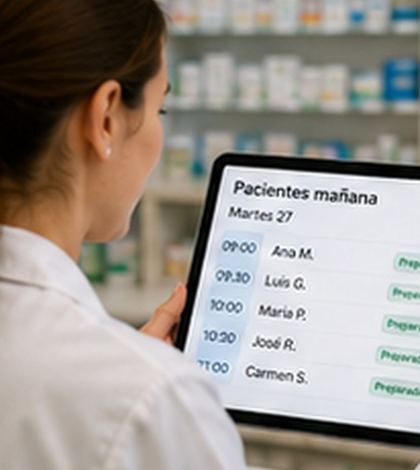 Profesional de farmacia revisando en una tablet el listado de pacientes previstos para mañana.
