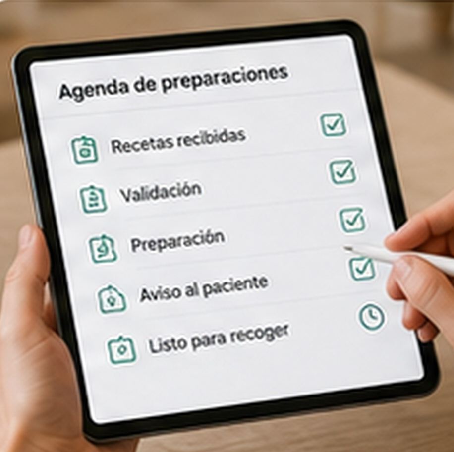 Tablet con una agenda de preparaciones y tareas de gestión farmacéutica.