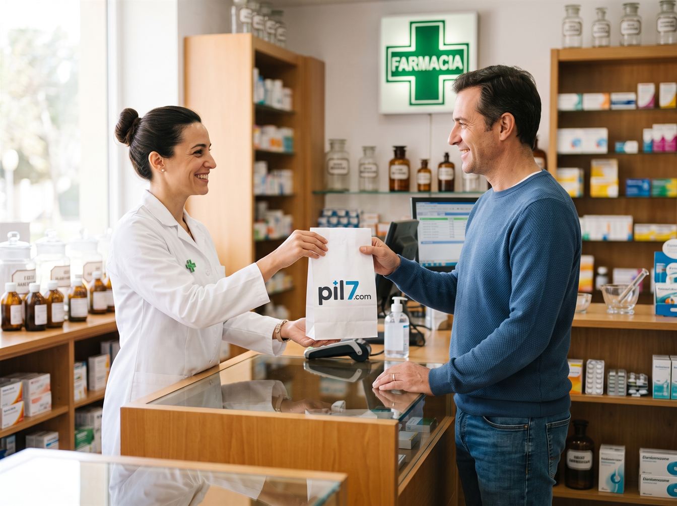 Farmacéutica entregando al paciente una bolsa pil7 ya preparada en el mostrador de la farmacia.