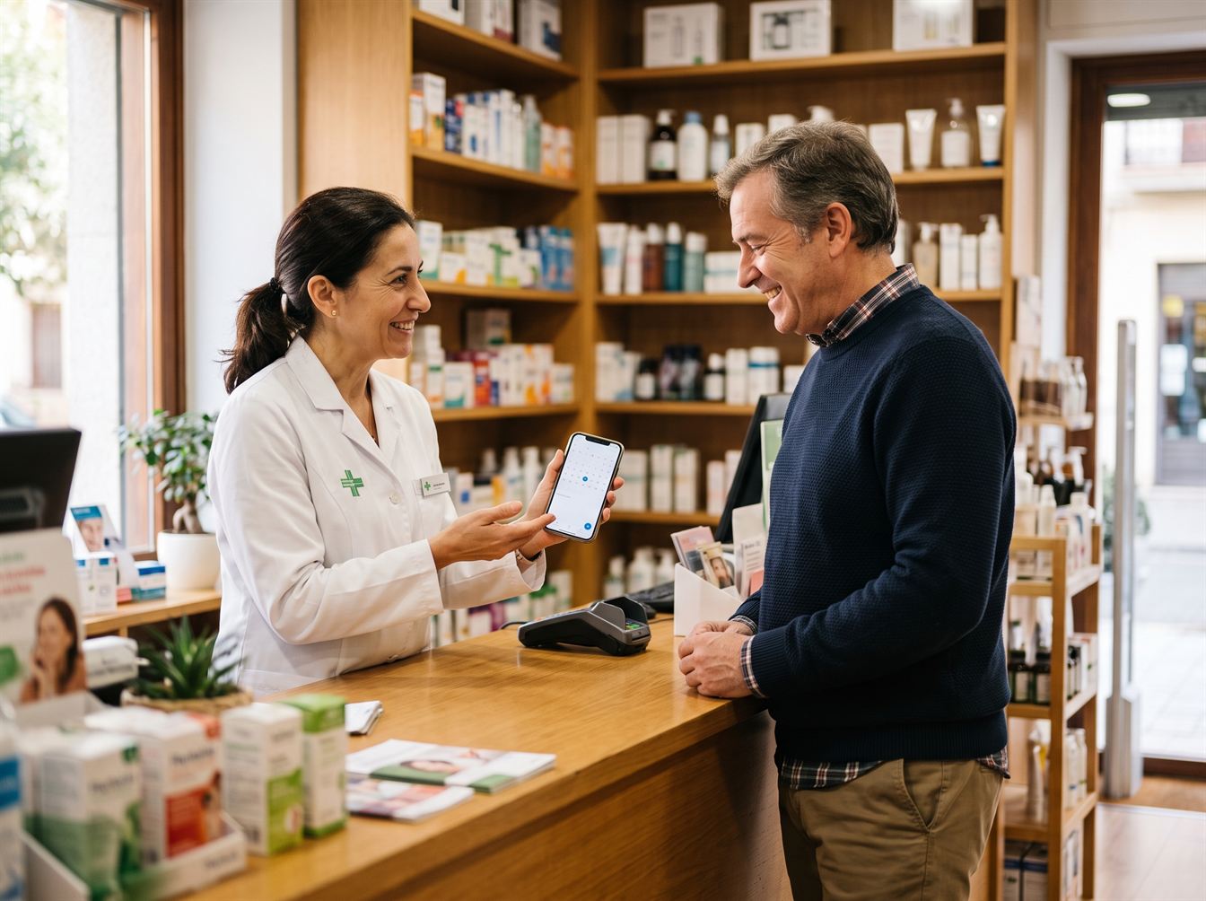 Farmacéutica mostrando a un paciente el calendario del móvil para acordar el día de recogida.