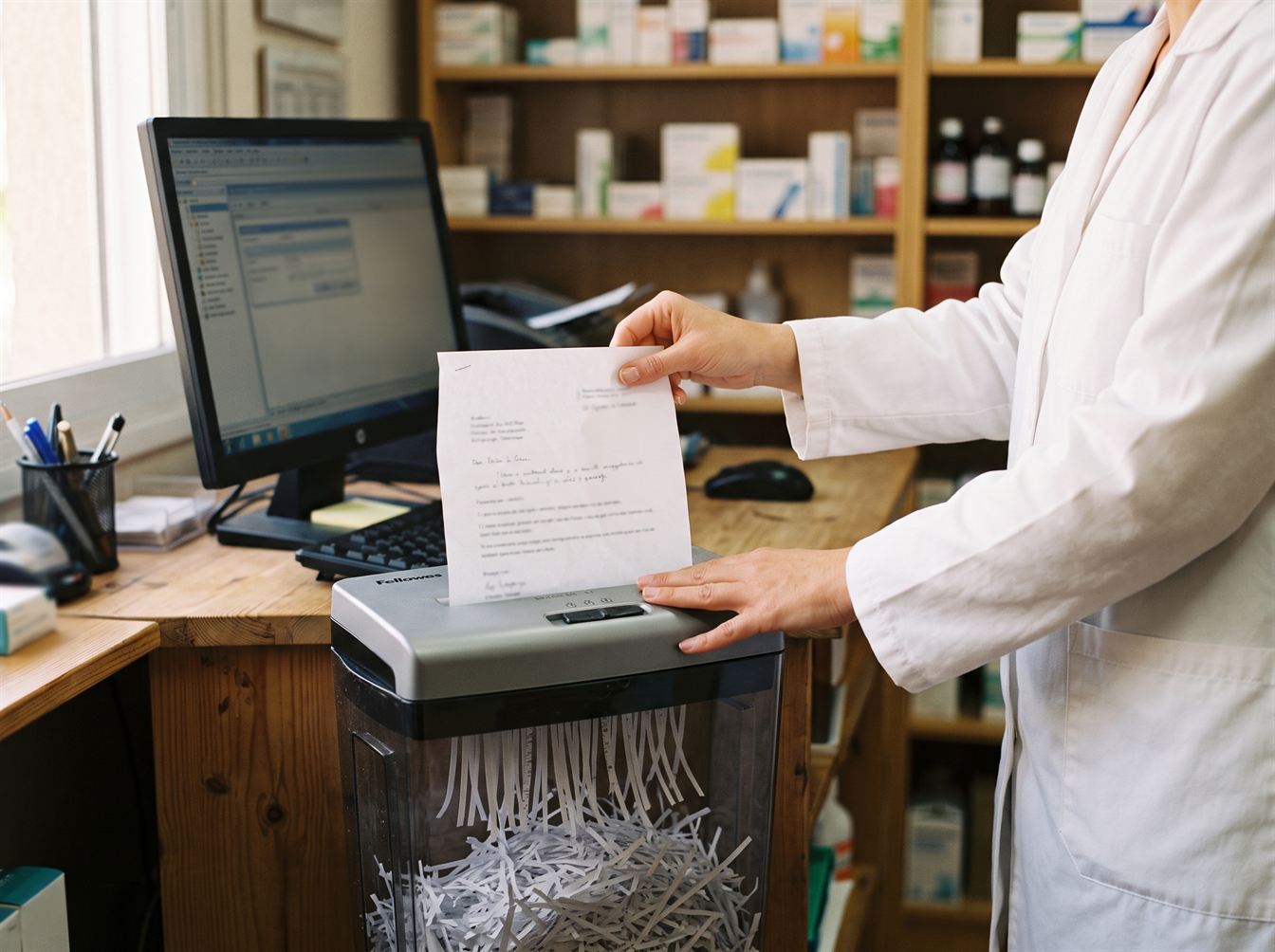 Farmacéutica destruyendo un documento en la trituradora tras registrar la medicación.