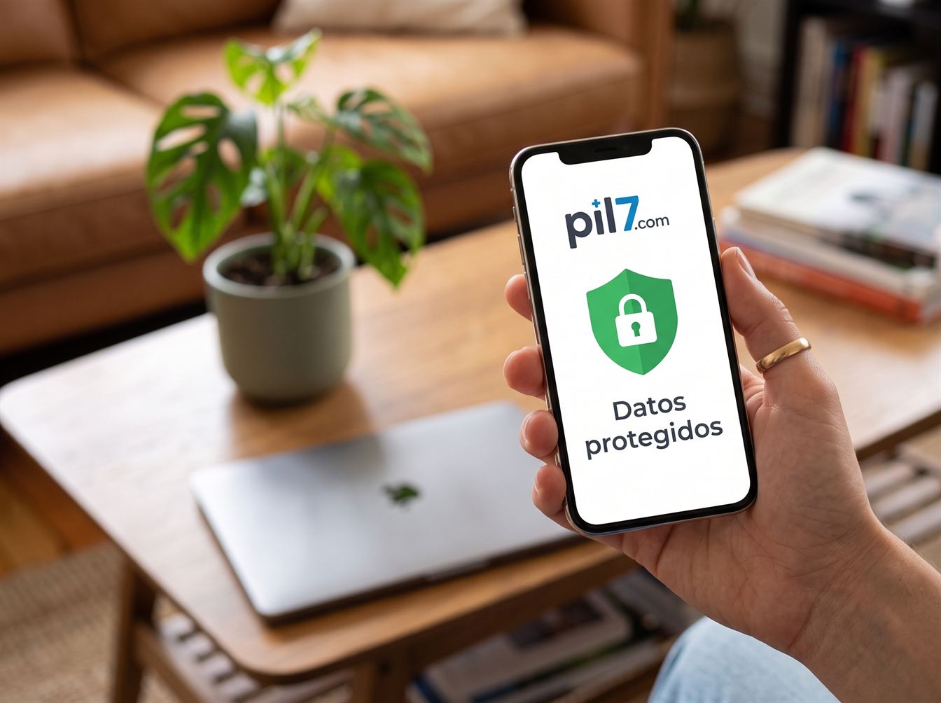 Móvil mostrando el escudo de pil7 con el mensaje de datos protegidos.