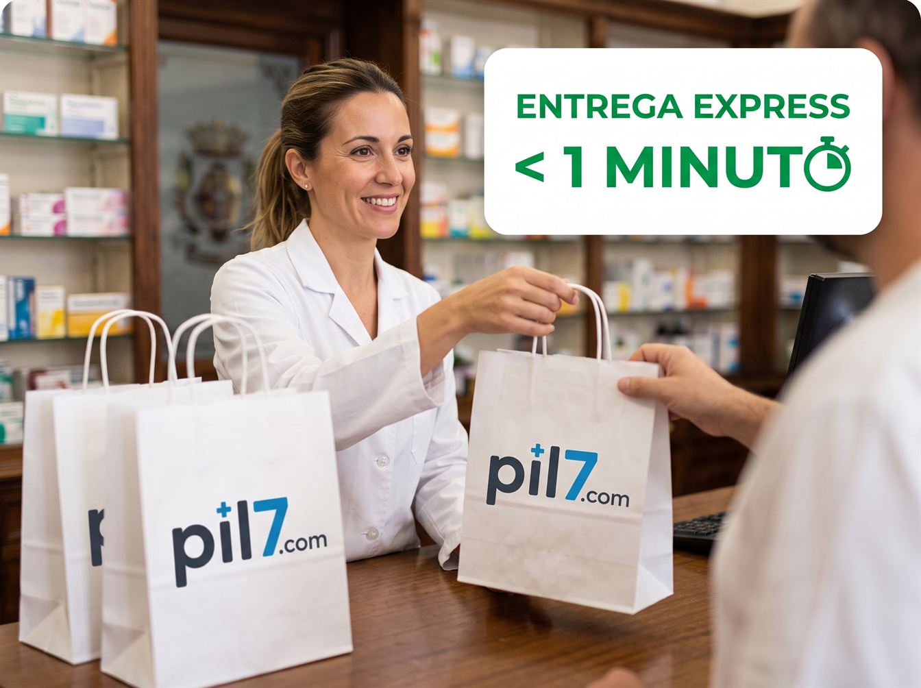 Farmacéutica entregando una bolsa pil7 ya preparada, con más bolsas listas en el mostrador.